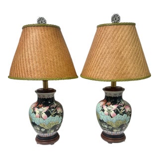 Vintage Chinoiserie Famille Noire Vase Table Lamps With Hand-Painted Lotus - A Pair For Sale