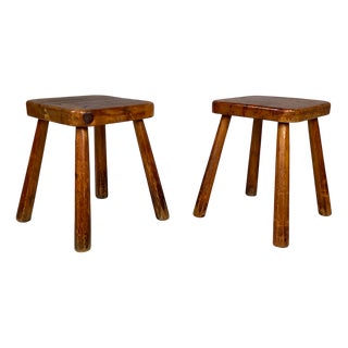 Italian Modern Rounded Square Wooden Stools, 1970s, Set of 2 For Sale