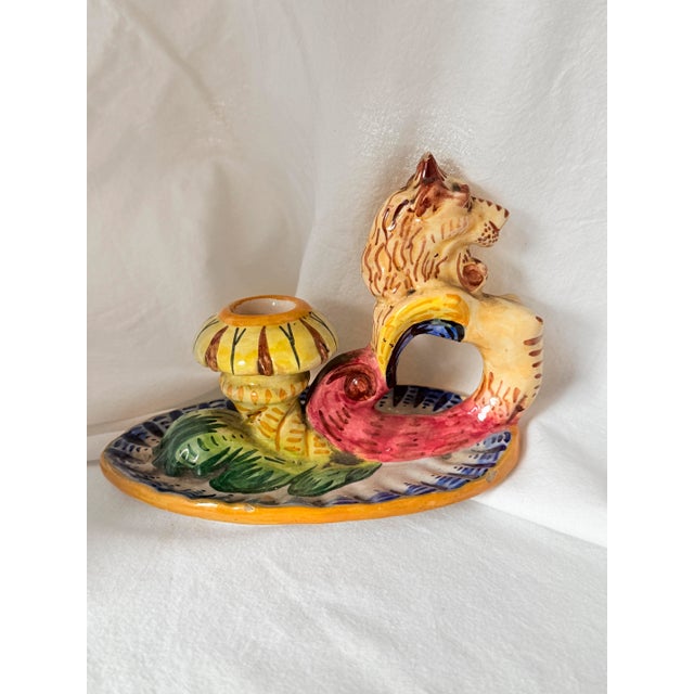 Vintage Mid-Century Modern, 1950s Italian Majolica Griffin Chambersticks, Hand-Painted Ceramic Pair For Sale - Image 4 of 16