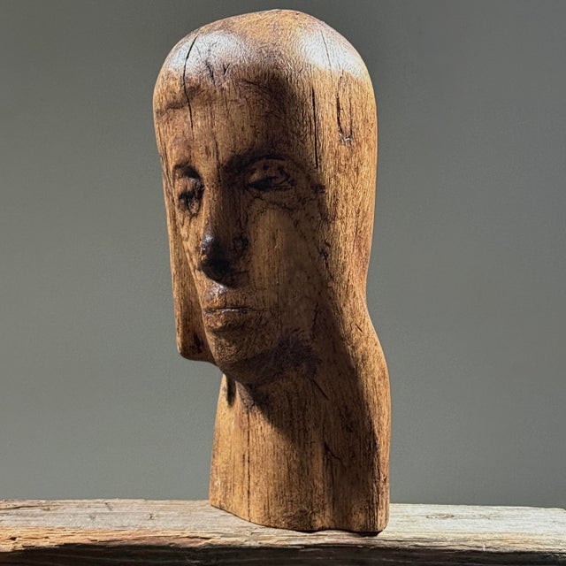 Vintage Hand Carved Folk Art Modernist Portrait Bust For Sale - Image 4 of 12