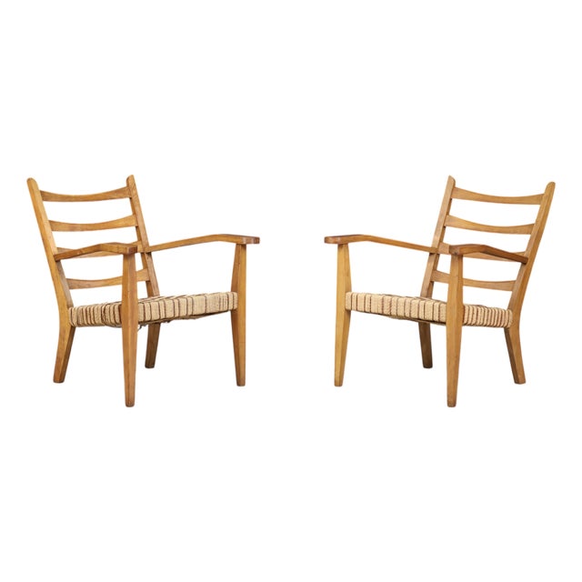 Italian Sculptural Beechwood Armchairs with Woven Rope Seats, 1940, Set of 2 For Sale