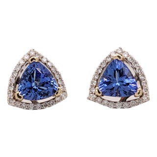 Tanzanite Diamond Halo Stud Earrings: Solid 14k Dual Tone Gold, Trillion Cut, Pair For Sale