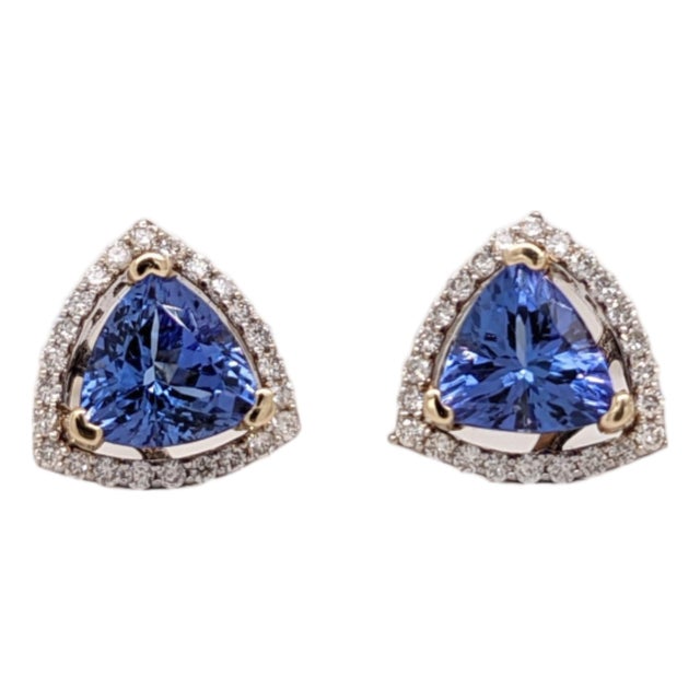 Tanzanite Diamond Halo Stud Earrings: Solid 14k Dual Tone Gold, Trillion Cut, Pair For Sale