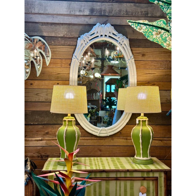 Vintage Coastal White Shabby Chic Faux Bamboo Pagoda Leaf Oval Wall Mirror For Sale - Image 12 of 12