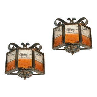 Brutalist Wrought Iron and Amber Glass Sconces from Longobard, Italy, 1970, Set of 2 For Sale