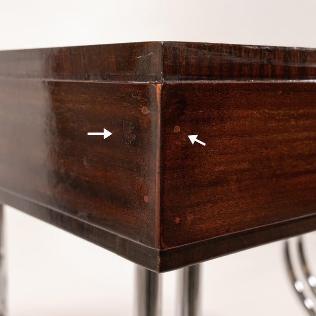 Late Art Deco/Early Modernism French Figured Mahogany and Chrome Writing Desk, C .1940 For Sale - Image 12 of 18