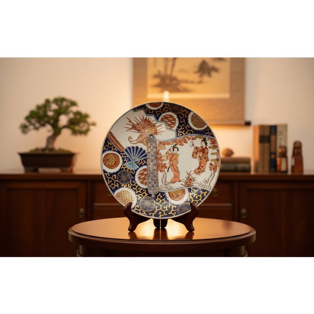 Vintage Hand-Painted "Gold Imari" Japanese Porcelain Charger – Geisha & Cherry Blossom For Sale - Image 9 of 9