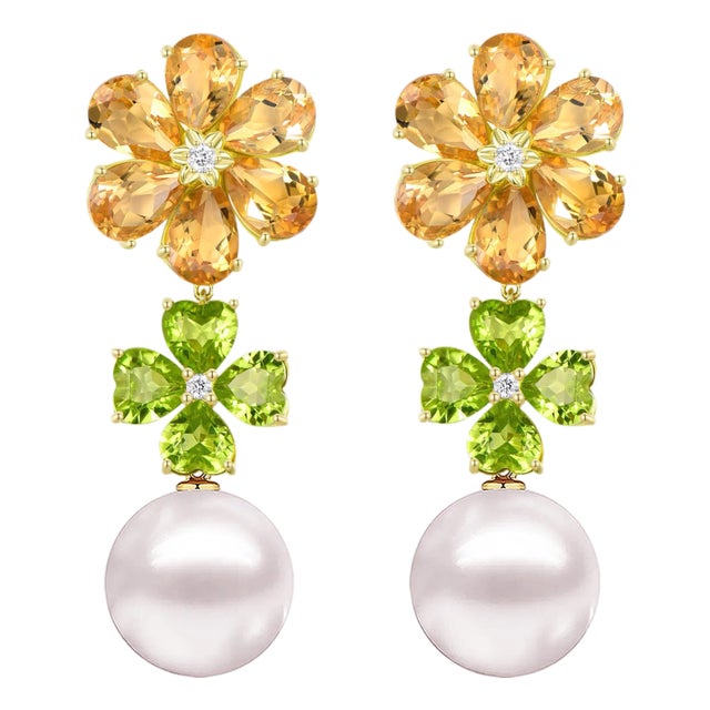 Nina Zhou 15.4ctw Island Blossoms Citrine Peridot Diamond Pearl Convertible Drop Earrings For Sale