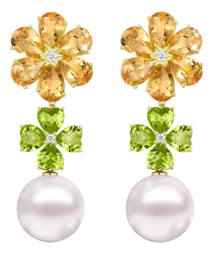 Nina Zhou 15.4ctw Island Blossoms Citrine Peridot Diamond Pearl Convertible Drop Earrings