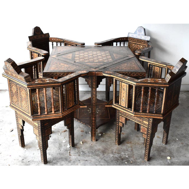 Antique Syrian Marquetry Inlay Card Table and 4 Chairs For Sale - Image 13 of 13