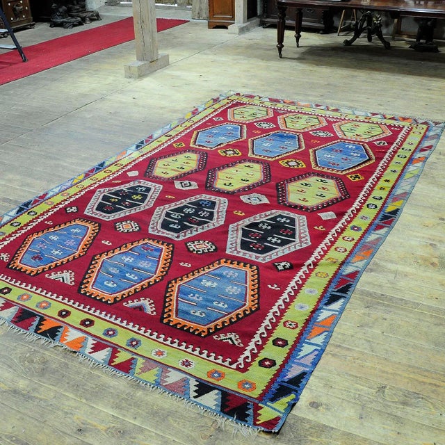 Antique Colorful Turkish Sarkisla Kilim Rug ca. 1930 An antique Sarkisla Kilim rug hand-woven ca. in 1930 's. A great...