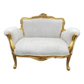 1980s French Louis XVI Off-White Velvet Gilt Beech Settee For Sale