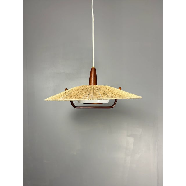 Beige Large Mid-Century Teak and Sisal Cord Pendant from Temde Leuchten, 1960s For Sale - Image 8 of 17