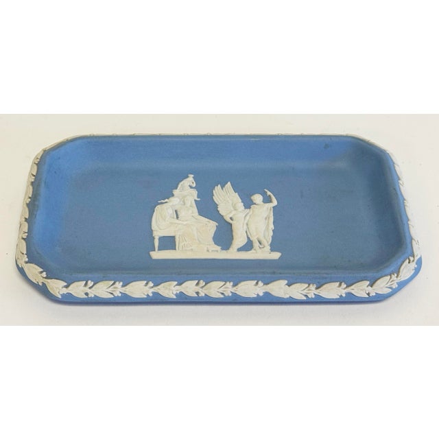 Vintage English Wedgwood Jasperware in rectangular shape. Features traditional vibrant blue background with embossed ivory...
