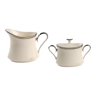 Vintage Lenox Moonspun Ivory Porcelain Creamer & Lidded Sugar Bowl Set Platinum For Sale