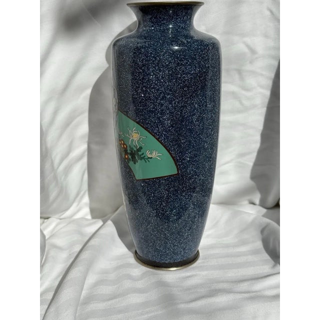 20th Century Japanese Cloisonne Enamel Vase Speckled Blue Ground Butterflies Floral Motifs For Sale - Image 11 of 15