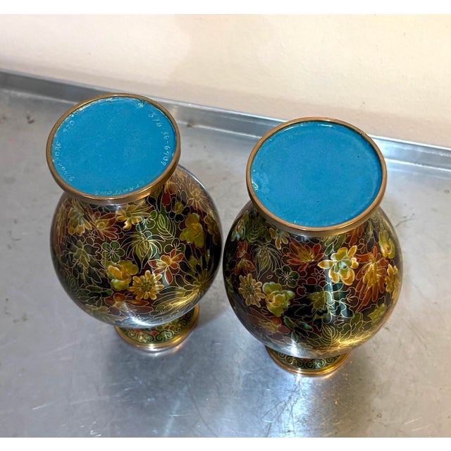 Asian Green/Gold Singaporean Floral Cloisonne' Vases Set of Two For Sale - Image 3 of 5