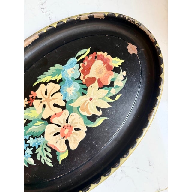 Vintage Chippy Hand Painted Floral Toleware Tray For Sale In New Orleans - Image 6 of 8