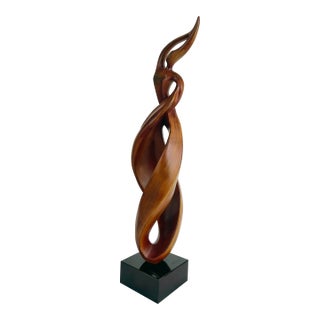 1980s Organic Modern Carved "Spiral" Abstract Wood Sculpture on Acrylic Cube Base For Sale