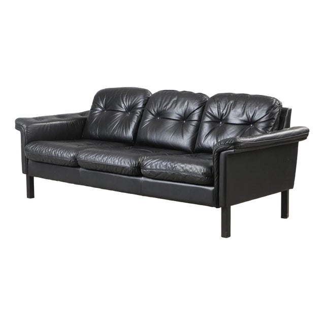 Vintage Danish Black Leather Sofa, 1970s For Sale