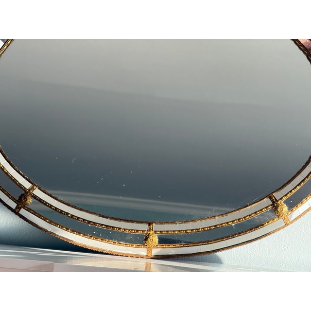 Wood Hollywood Regency Oval Wall Mirror With Brass Accents For Sale - Image 7 of 12