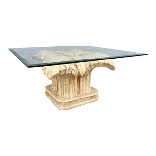 Boho Chic Faux Bamboo Banana Leaf Glass Top Coffee Table For Sale