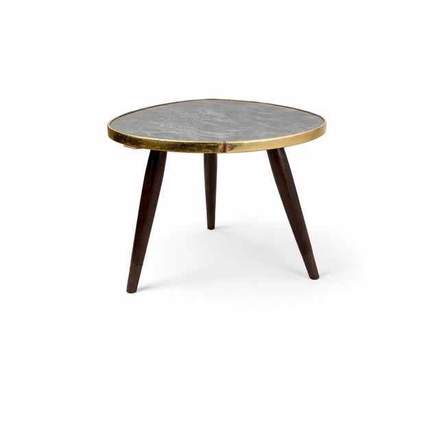 Mid-Century Modern Marble Top Flower Stand with Brass Rim and Tapered Wooden Legs, 1960s, in Very Good conditions....