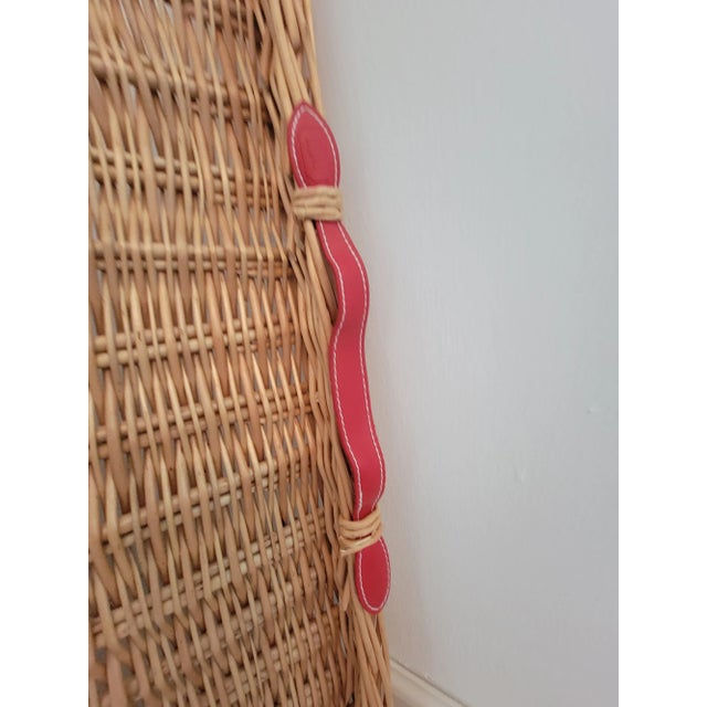 Large scale woven wicker tray with read leather handles. Like New. "LD" stamped on handle.