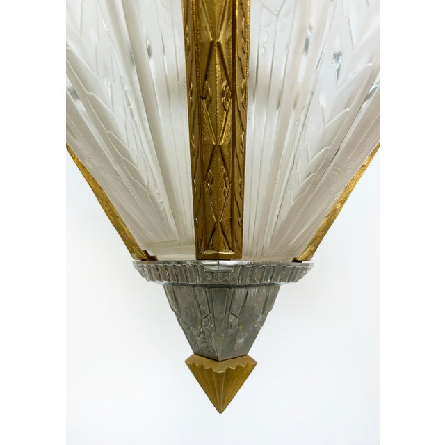 Brass 1930s Art Deco Gilt, Silvered Bronze Chandelier, Frosted Glass Shades For Sale - Image 8 of 14
