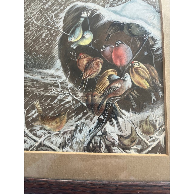 19th Century Gouache Water Color Painting Wintering Birds in Snow For Sale - Image 4 of 6