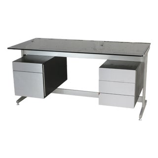 Large Double Pedestal Desk in Black Stained Wood with Stainless Steel Lining by Etienne Fermigier for JFR, France, 1970 For Sale