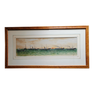 Antique Circa 1900 Gouache Maritime Painting of Great Lakes Steam Ship Fleet, Signed Tully