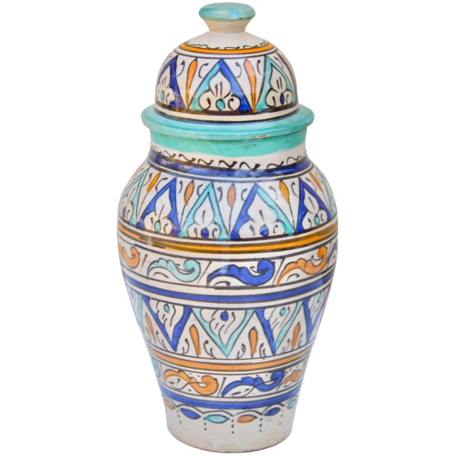 Early 20th Century Early 20th Century Handmade Colorful Moroccan Ceramic-Art Lidded Vase For Sale - Image 5 of 12