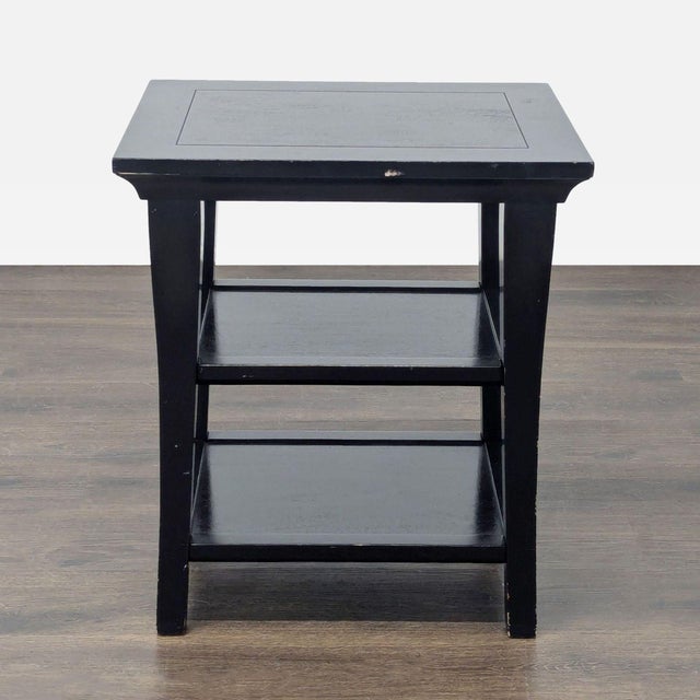Two shelf wood table. Brand: Pottery Barn. Original Price: $400. Dimensions (in): 22W x 18D x 26H.