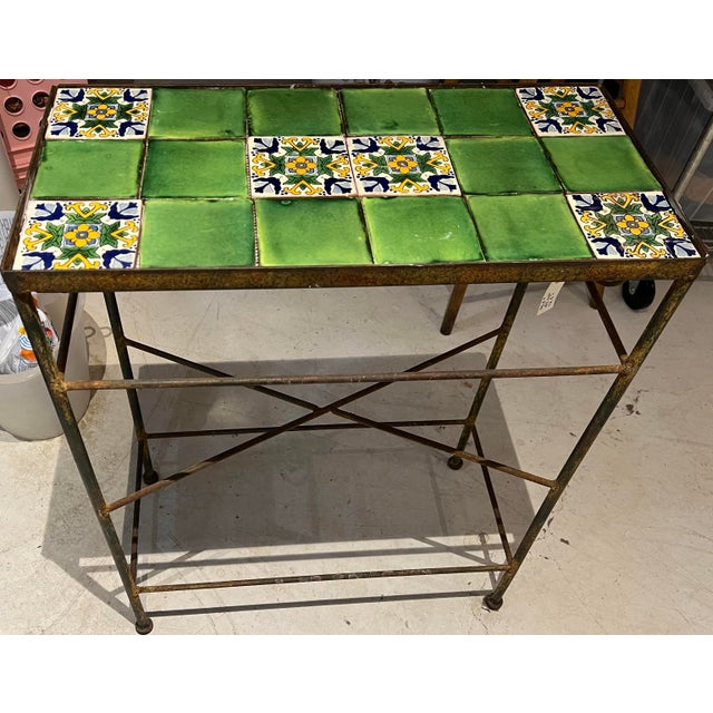 Mexican Hollywood Regency Wrought Iron Tile Top Table Spanish Revival Patio Garden For Sale - Image 3 of 12