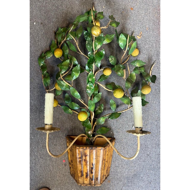 Mid 20th Century Hollywood Regency Italian Lemon Tole Tree Iron Wall Sconce W/ Bamboo Pot For Sale In Atlanta - Image 6 of 7