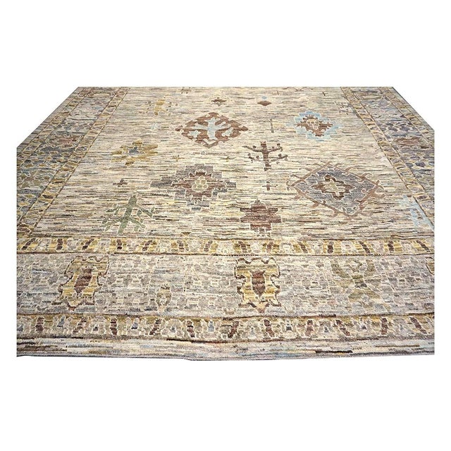 21st Century Turkish Oushak Wool 11x15 Tan, Charcoal & Ivory Handmade Area Rug #1144128 For Sale - Image 10 of 16