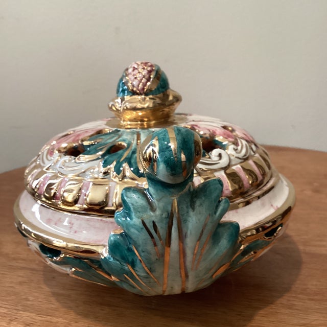 Vintage Majolica Capodimonte Italy Dish & Cover 363/502 Adorable Color Palette Golden Rim and Details For Sale - Image 9 of 12