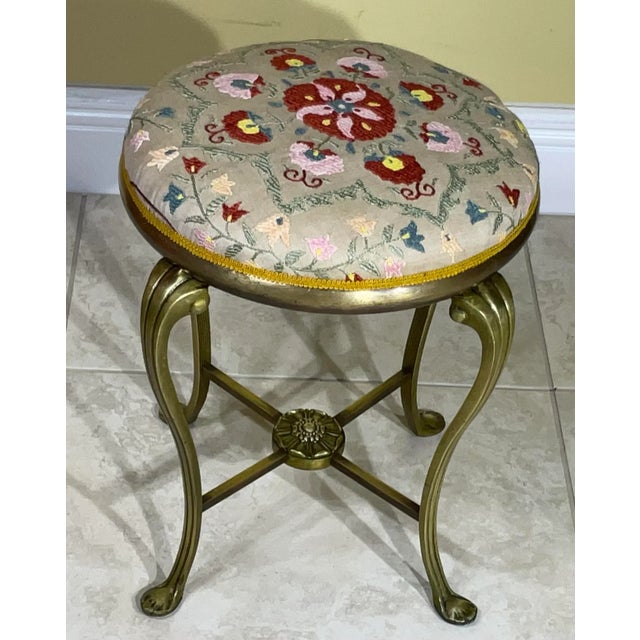 Exceptional vintage foot stool made of solid brass upholster with beautiful hand embroidery Suzani textile . great object...