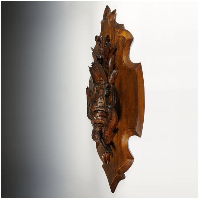 Brown Antique Swiss Black Forest Hand Carved Wood Wall Plaque, Signed Ruef, Game Bird Trophy For Sale - Image 8 of 9