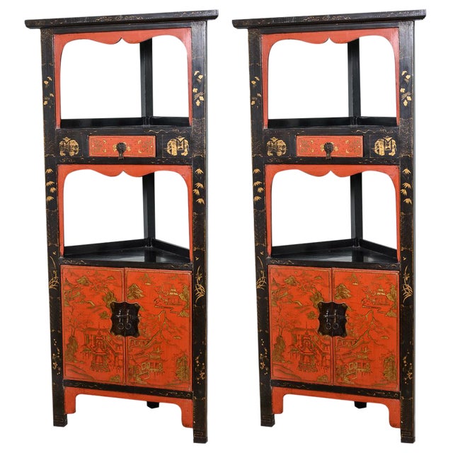 Asian Red And Black Corner Cabinets A Pair Chairish