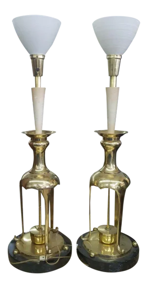 Vintage Statuesque James Mont Style Asian Brass Table Lamps