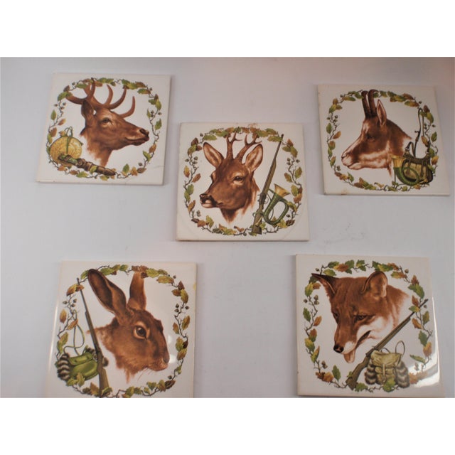 Vintage Mid 20th Century Set of 5 Hand Painted Game Motif Kitchen Tiles Stag Roe Deer Ibex Fox Rabbit or Hare For Sale - Image 12 of 12