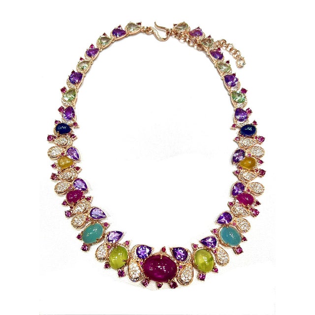 Gemstone Bochic “Capri” Vintage Red Ruby & Yellow Sapphire Necklace Set in 18K & Silver For Sale - Image 7 of 11