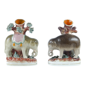 Pair of Late 19th Century Victorian Staffordshire Earthenware Elephant Sculptures/Spill Vases, England