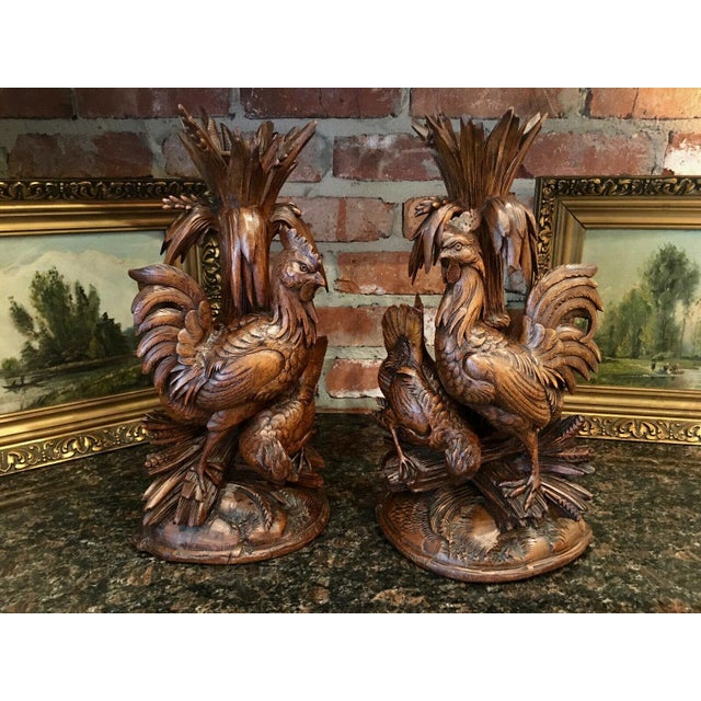 Wood Pair 19th Century Antique Black Forest Bird Chicken Epergne Vases Carved Wood Candlestick For Sale - Image 7 of 13