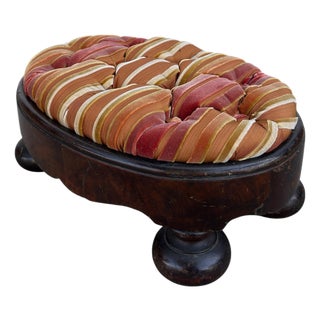 Antique French Empire Mahogany Oval Footstool W Corzine Silk Velvet Stripe For Sale