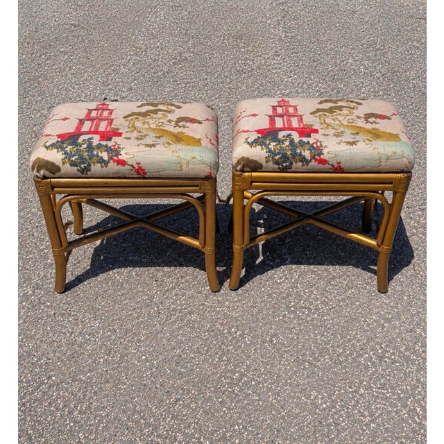 Pair of Vintage Painted Gold Bamboo Stools in Regal Fabrics “Zen Toile” Upholstery For Sale - Image 11 of 11