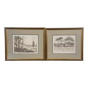 Antique Melville Thomas Wire Hillside Pastures Back From the Beach Etchings 19", Framed- Set of 2