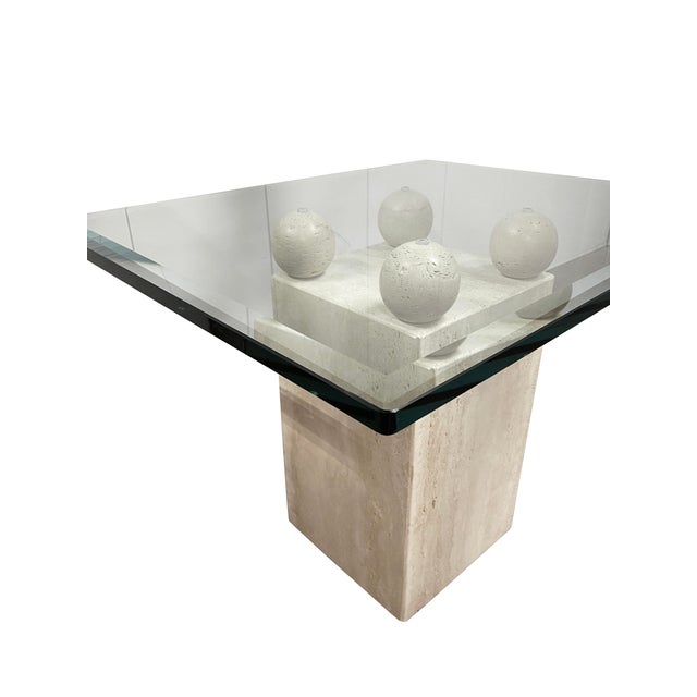Beige Mid-Century Style Cocktail or Side Table W/Sculptured Travertine Base and Glass For Sale - Image 8 of 12